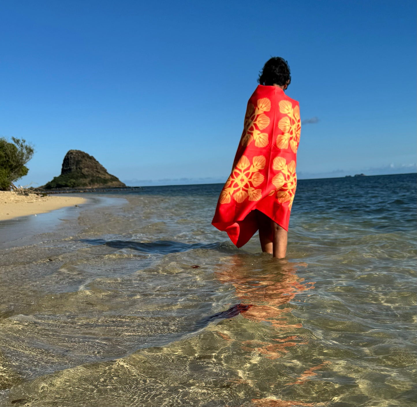 Person standing in shallow water on a beach with a red and yellow waffle weave towel draped over them, facing a clear blue sky.