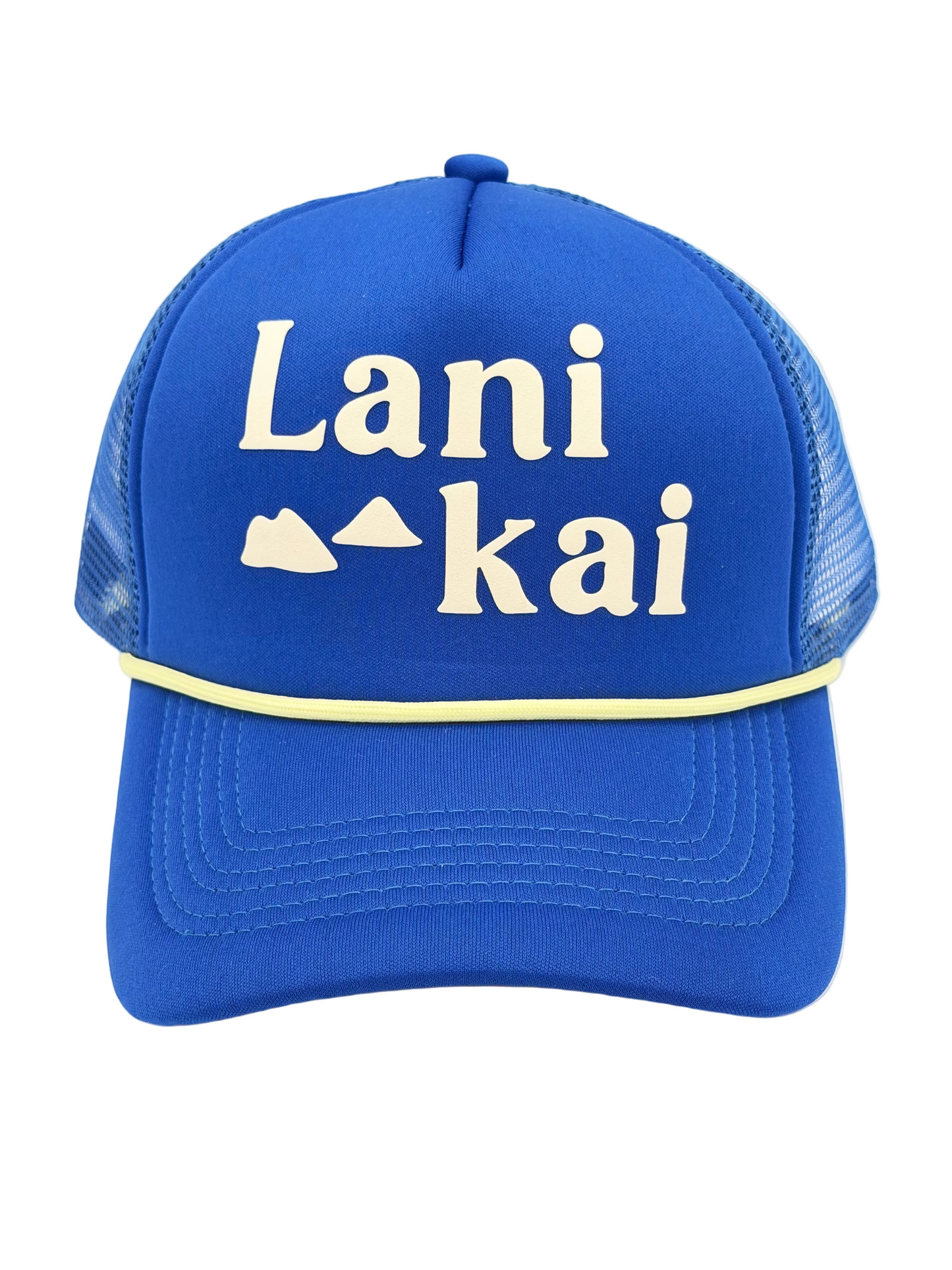 Blue cap with 'Lanikai' text on a white background