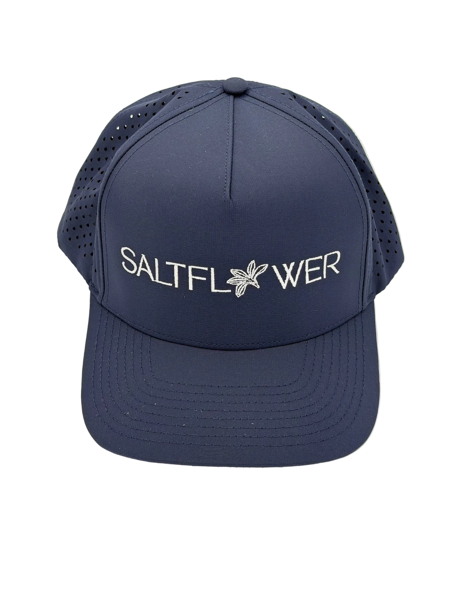 Navy blue cap with 'Saltflower' logo on a white background