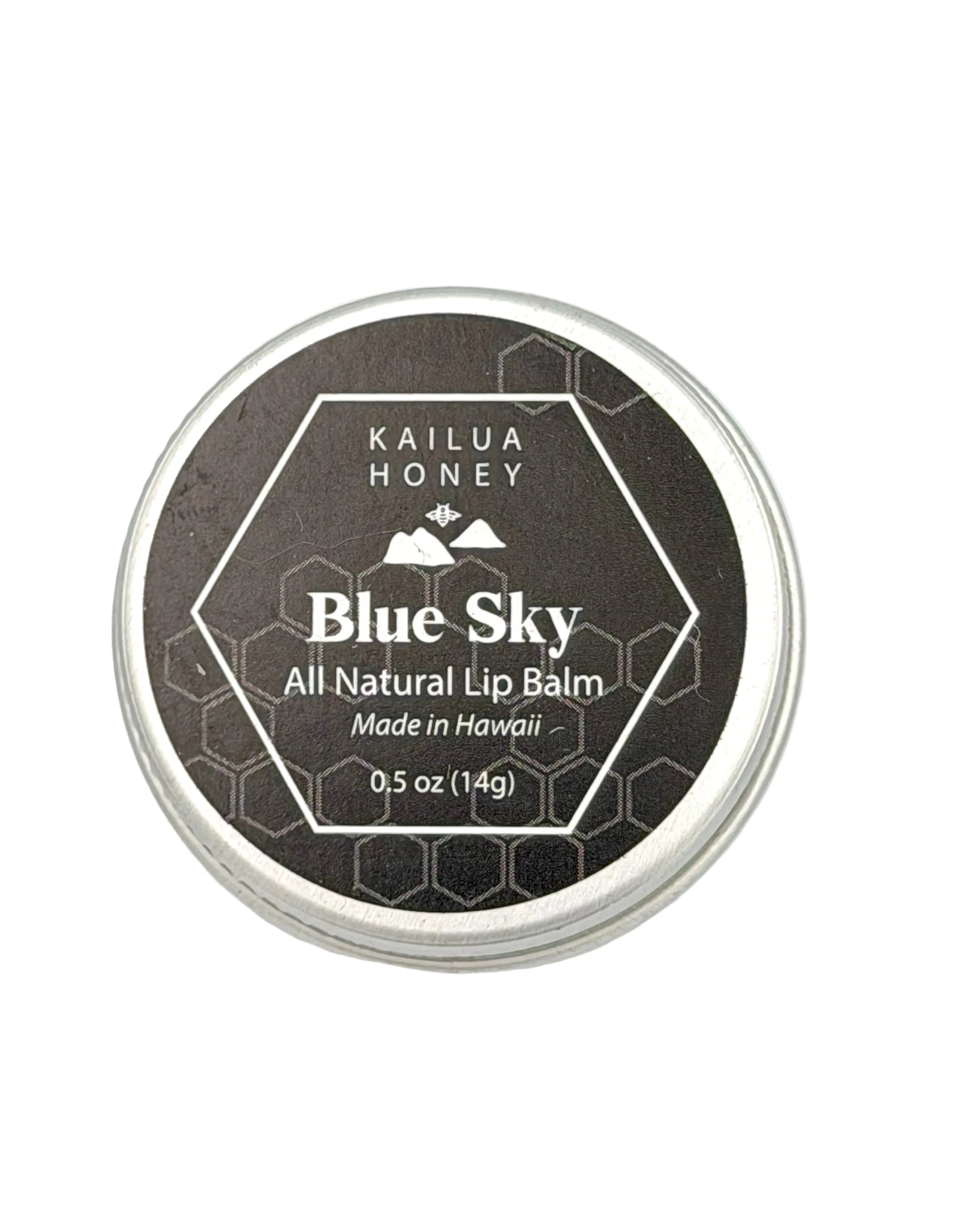Blue Sky all natural lip balm tin on a white background